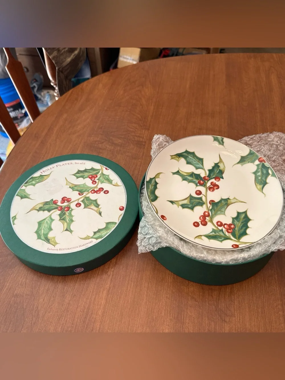 Restoration Hardware White Holiday Desert Plates with Holly and Red Berries set6